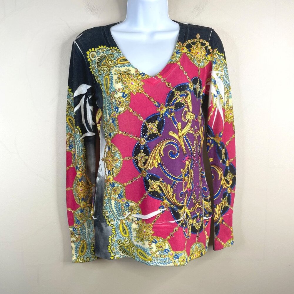 Vintage Y2K Cache Scarf Print Sweater XSmall Baroque AOP Art To Wear City Chic